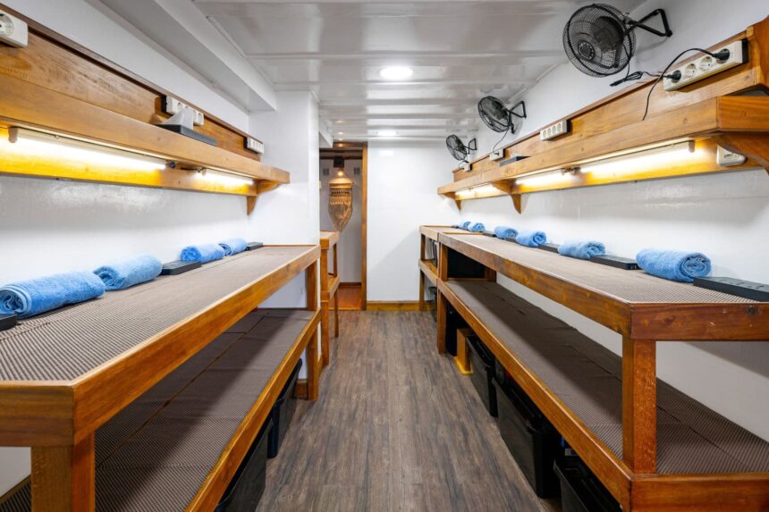 Below-deck bunk area on the MSY Seahorse with towels laid out on each berth