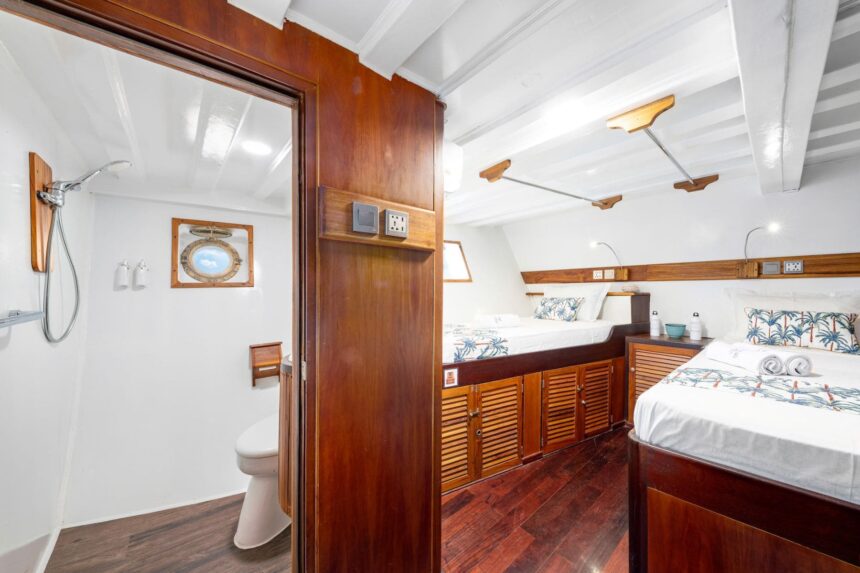 Ensuite bathroom and cabin with twin beds aboard the MSY Seahorse