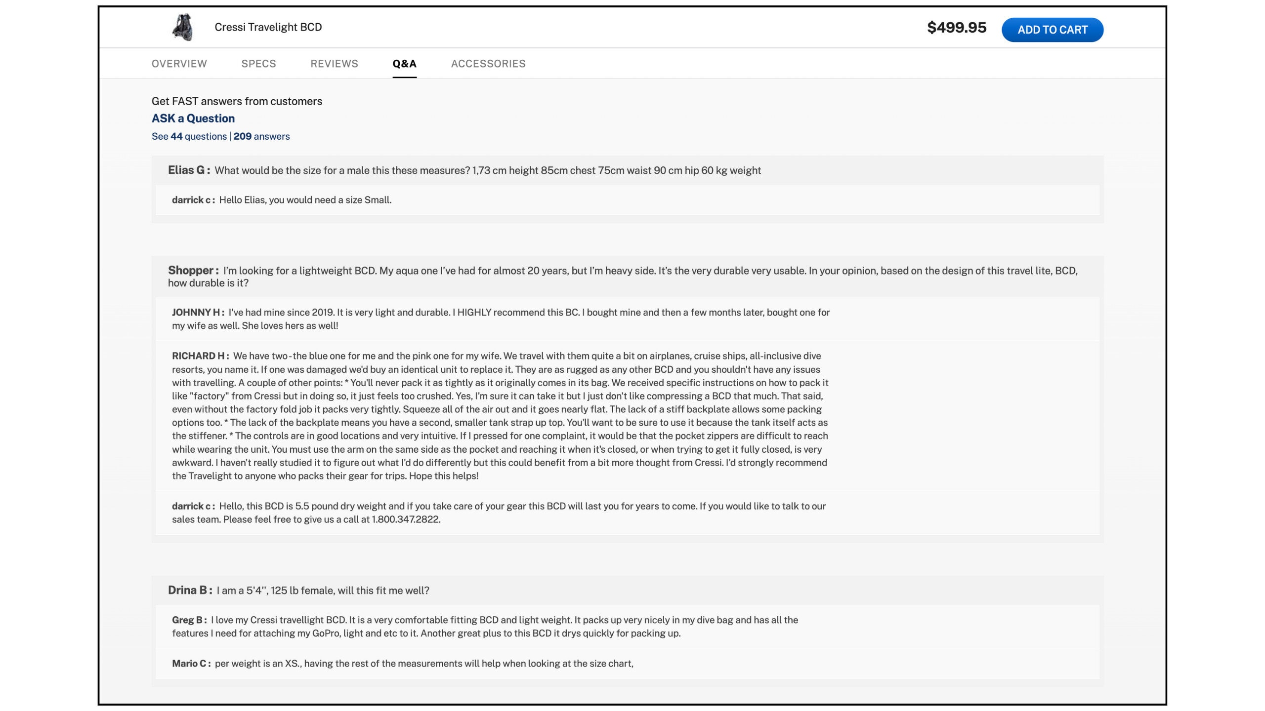 Scuba.com product page for the Cressi Travelight BCD open on the customer questions and answers tab