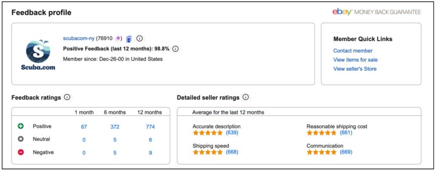 Scuba.com eBay feedback profile showing 98.8 percent positive over the last 12 months