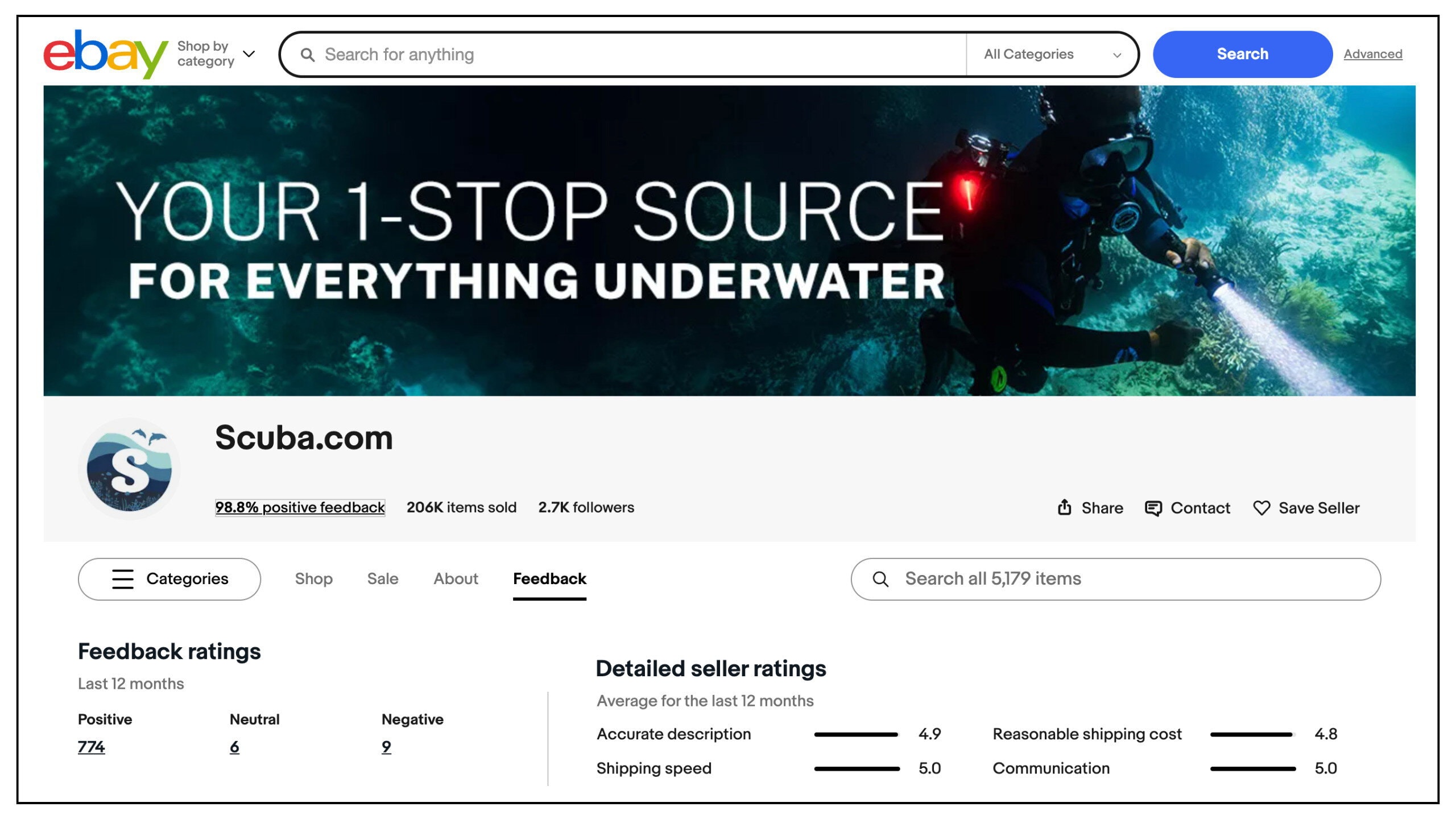 Scuba.com eBay storefront showing 98.8 percent positive feedback and detailed seller ratings