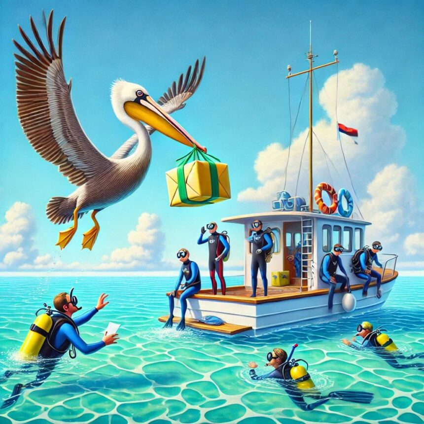 Illustration of a pelican delivering a parcel to divers on a boat in turquoise water