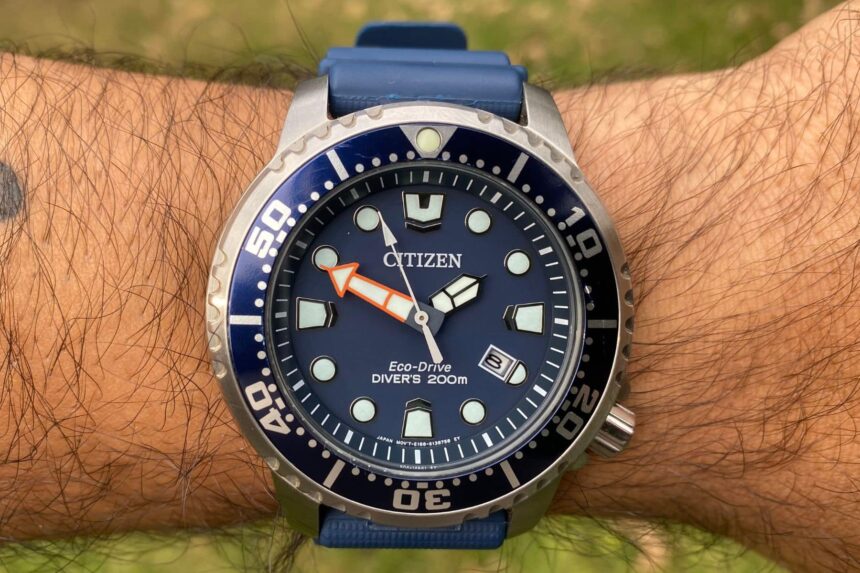 Citizen Promaster Eco-Drive Diver BN0151 on a wrist showing the blue dial and marked countdown bezel