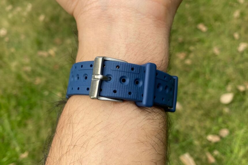 Our tester wearing the Citizen Promaster BN0151 blue perforated rubber strap and steel buckle