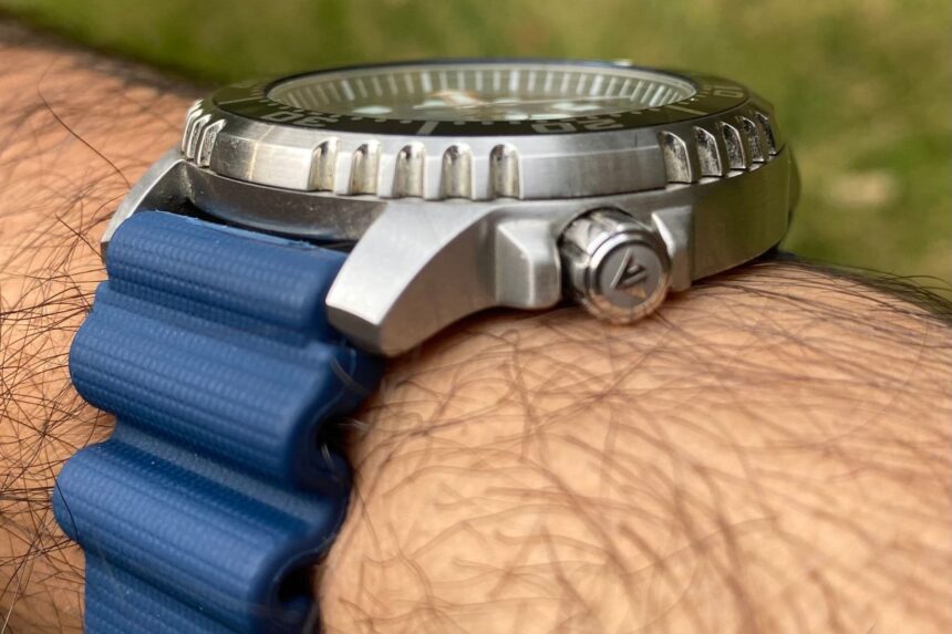 Side view of the Citizen Promaster BN0151 screw-down crown and case flank on our tester's wrist