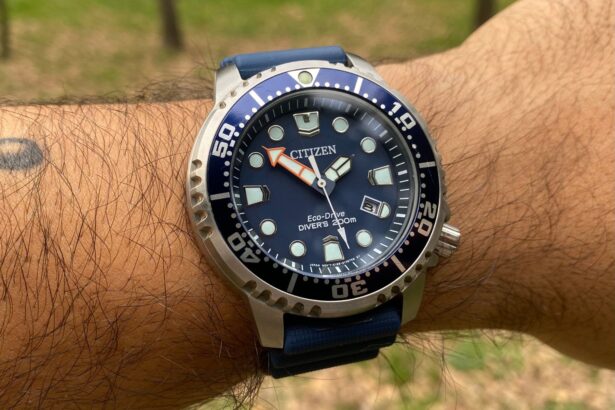 Our reviewer wearing the Citizen Promaster Eco-Drive Diver BN0151, showing its blue dial and orange arrow hand