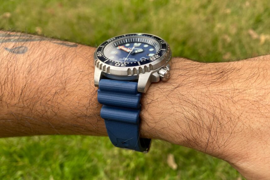 DIVEIN tester wearing the Citizen Promaster Eco-Drive Diver BN0151 outdoors on grass