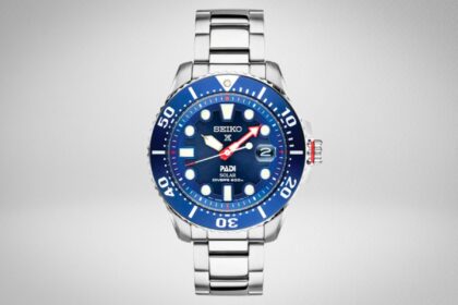Seiko Prospex PADI SNE549 solar diver with blue dial, PADI logo and steel bracelet