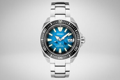 Seiko SRPE33 Prospex Save the Ocean dive watch with blue manta ray dial and steel bracelet