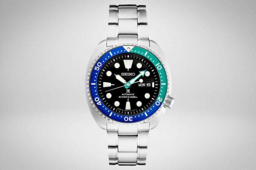 Seiko SRPJ35 Tropical Special automatic diver with black dial and split blue and green bezel