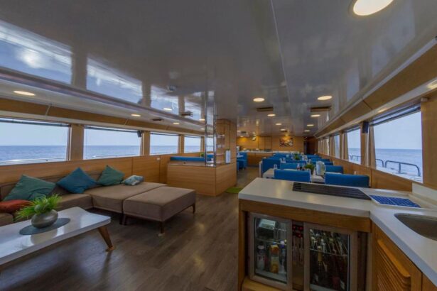 Lounge and bar area aboard the MY Blue with sofa seating