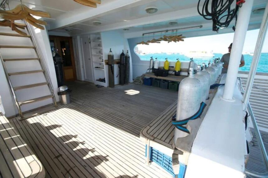 Dive deck with tanks and equipment storage aboard the MY Blue Planet 1
