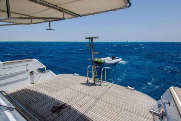 Aft deck of the MY Blue Planet 1 with a tender boat and shade canopy