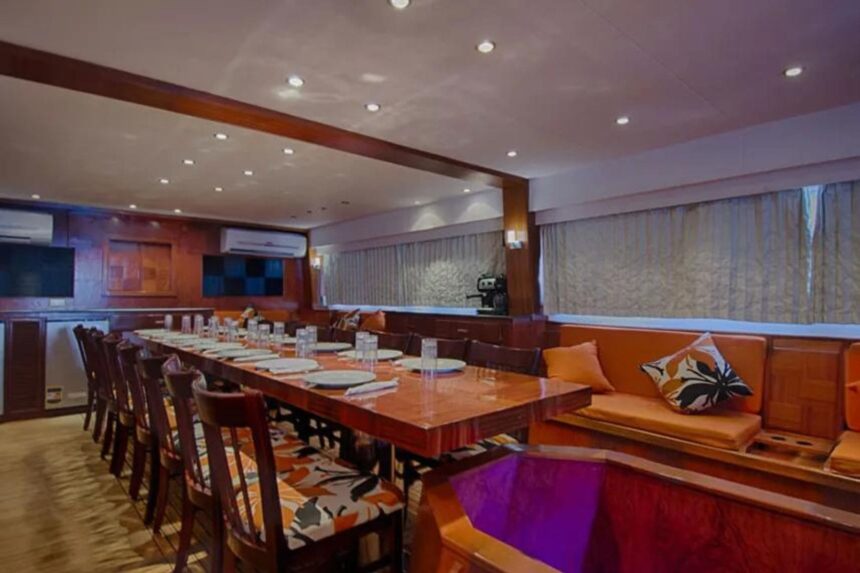 Dining salon and lounge seating aboard the MY Blue Planet 1
