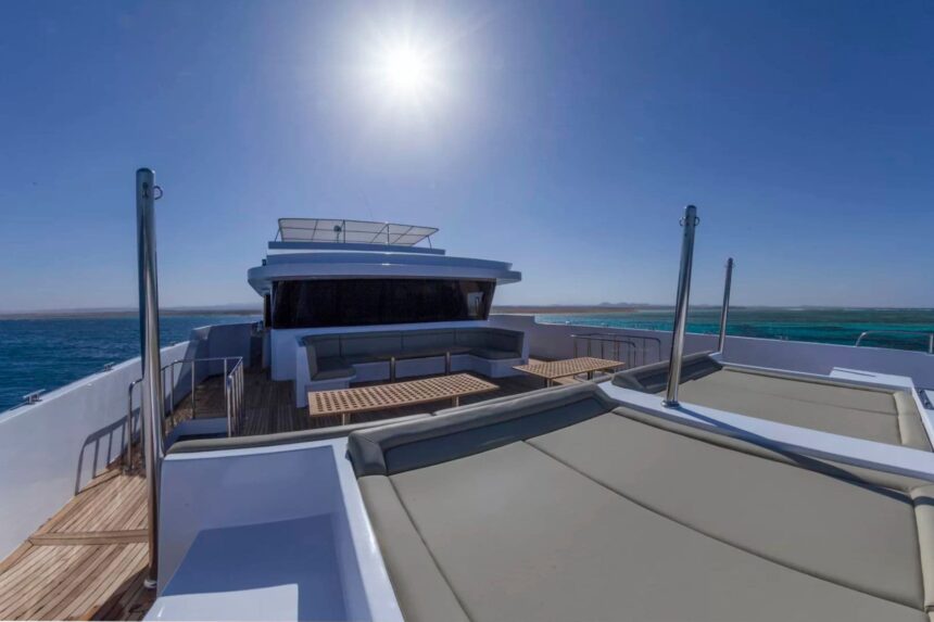 Sun deck seating and lounge area at the stern of the MY Blue Seas liveaboard