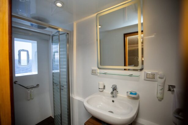 Ensuite bathroom with glass shower stall and lit vanity mirror aboard the Captain Sparrow