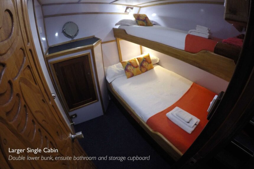 Larger single cabin aboard the MV FeBrina with bunk beds and an ensuite door