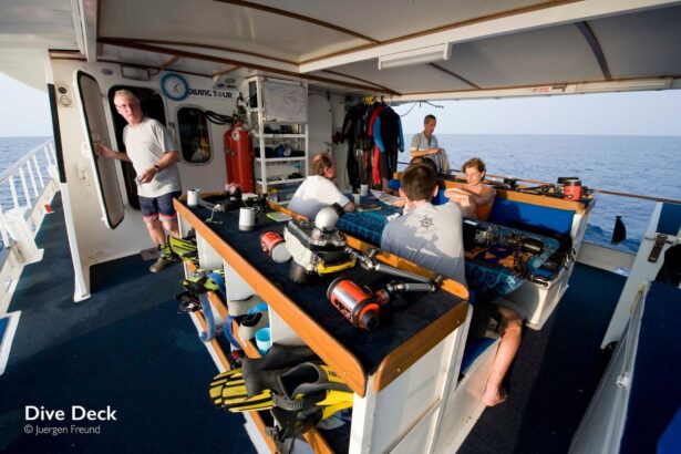 Divers and crew gathering gear on the MV FeBrina's covered dive deck