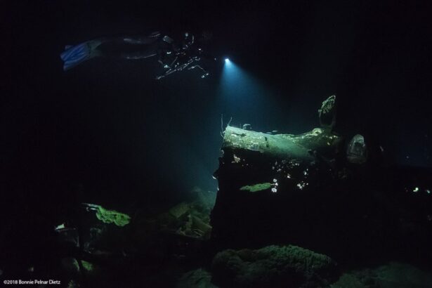 Diver's torch beam illuminating a shipwreck hull in dark water