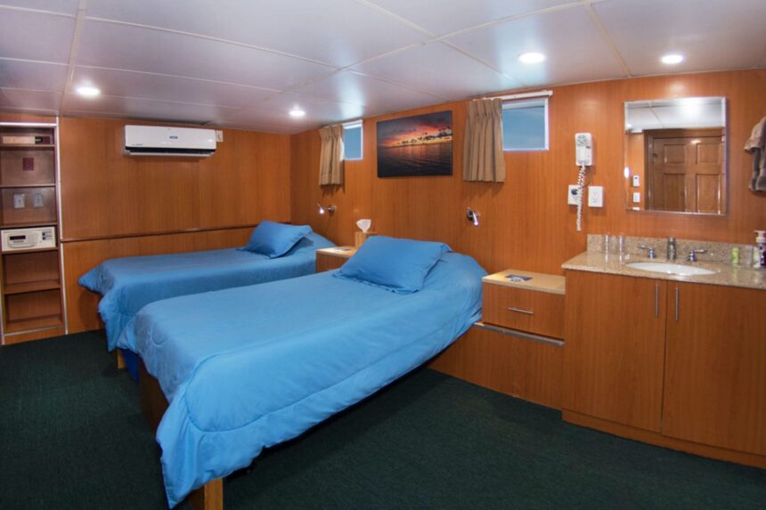 Twin cabin with blue bedding and a wall painting aboard the Odyssey liveaboard
