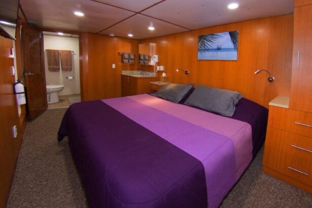 Cabin with purple bedding and an ensuite bathroom aboard the Odyssey liveaboard