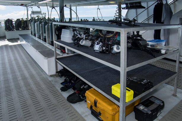 Camera and dive gear storage shelves on the Odyssey liveaboard's deck