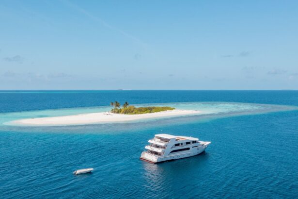 Aerial view of the Adora liveaboard anchored near a small sandy island