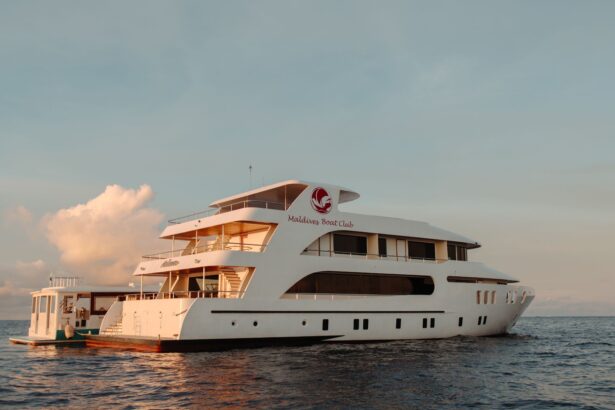 Maldives Boat Club liveaboard at anchor in golden evening light