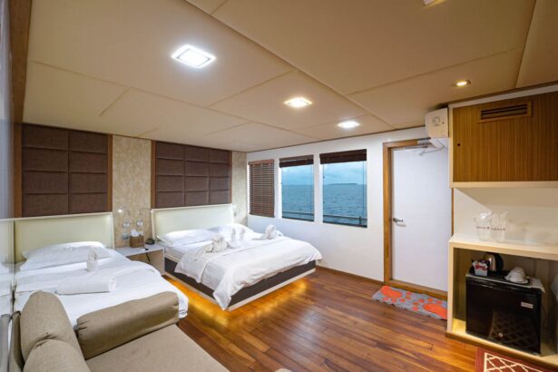 Twin beds in a cabin with an ocean view aboard the Adora