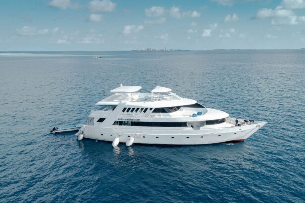 Amba liveaboard anchored offshore with a distant island visible