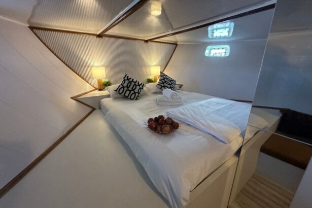 Amba liveaboard cabin with a queen bed, mirrored wall and bedside fruit bowl