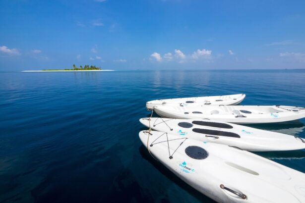 Stand-up paddleboards floating beside the Blue Force 3 near a small sandy island