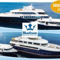 Blueforce's Blue Force One liveaboard and support boats at anchor, with the Blueforce logo and DEMA 2024 booth 7136 badge