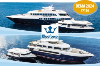 Blueforce's Blue Force One liveaboard and support boats at anchor, with the Blueforce logo and DEMA 2024 booth 7136 badge