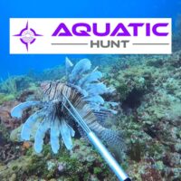 Spearfisher targeting a lionfish on a reef under the Aquatic Hunt logo