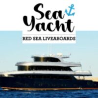 Sea Yacht Red Sea Liveaboards logo over a photo of their liveaboard yacht at sea