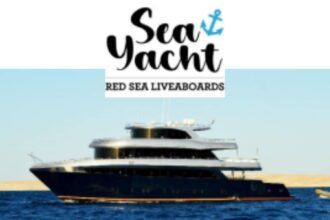 Sea Yacht Red Sea Liveaboards logo over a photo of their liveaboard yacht at sea