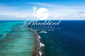 Aerial view of Turneffe Atoll's reef edge in Belize with the Blackbird Caye Resort logo overlaid