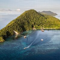 Aerial view of a jungle covered point in Raja Ampat with Papua Diving Resorts' sustainability award badge overlaid