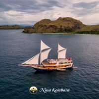 Nusa Kembara phinisi liveaboard under sail near green Indonesian islands at dusk