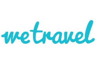 WeTravel logo in teal cursive lettering