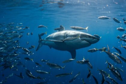 Great white shark cruising through a dense school of baitfish in clear blue open water