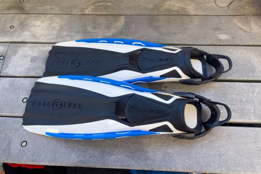 Pair of Aqualung Phazer fins in blue, white and black laid out on a wooden dock during DIVEIN testing