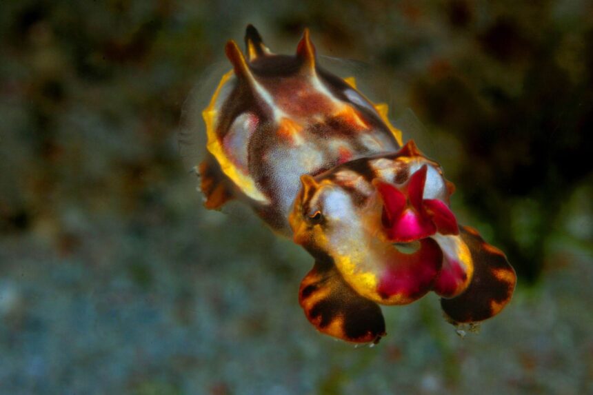 close-up of a colorful nudibranch clinging to the reef