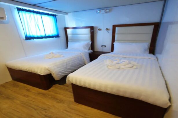 twin cabin aboard Discovery Palawan with beds dressed in towel art