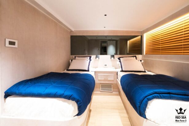 Twin beds in a cabin aboard the Red Sea Blue Force 2 liveaboard