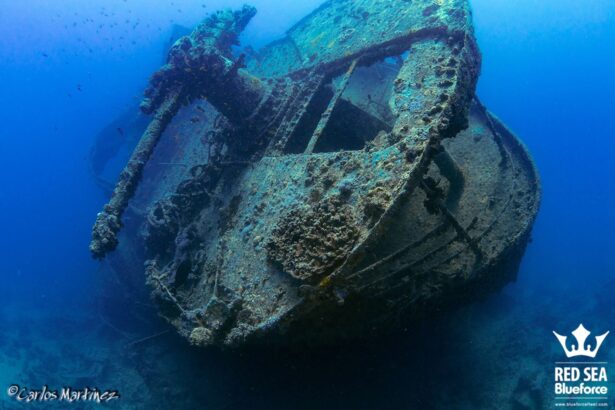 A shipwreck bow encrusted with coral rests on the seabed in the Red Sea