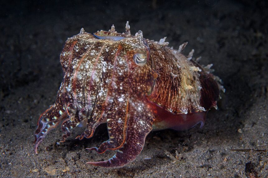 A broadclub cuttlefish resting on the sand at a M/Y Resolute dive site