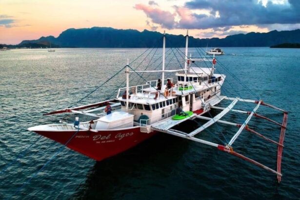 Agos liveaboard outrigger boat at sunset with guests relaxing on the upper deck