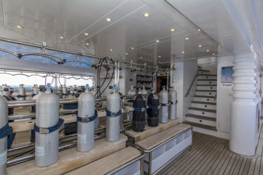 Nitrox tanks lined up on the Golden Dolphin IV dive deck